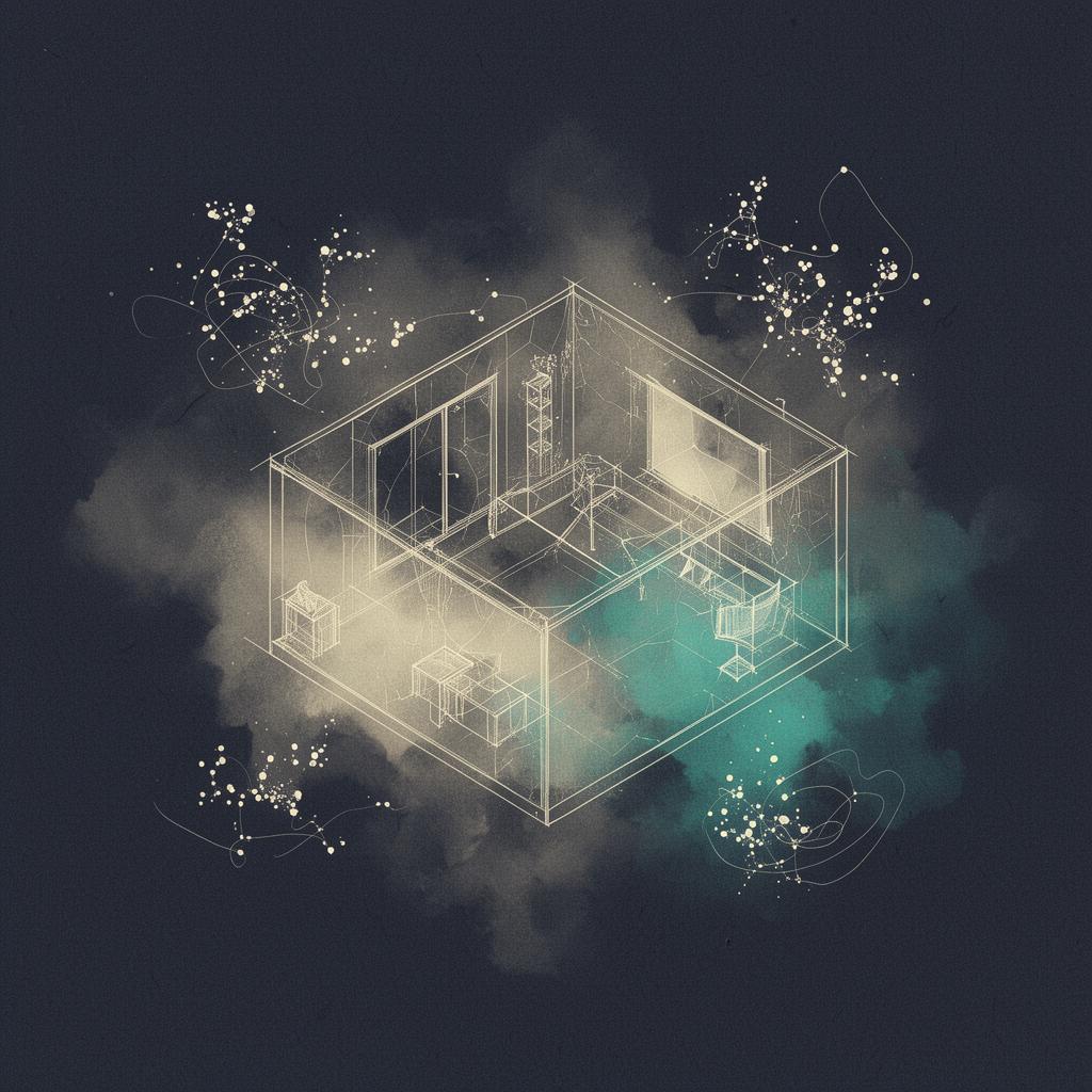 Hand-drawn isometric wireframe of a room dissolving into mist and constellations of points, an artistic interpretation of how AI perceives physical space